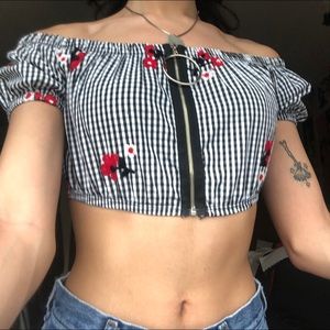 Rose checkered off shoulder crop top